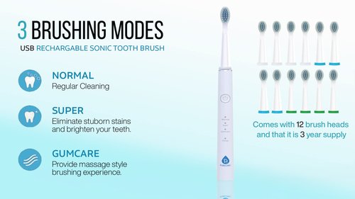 Pursonic Whitening USB Rechargeable Sonic Toothbrush-12 Brush Heads!- 38,000 Brush Strokes Per Minute-3 Brushing Modes with 2 Minute Auto Timer (White)