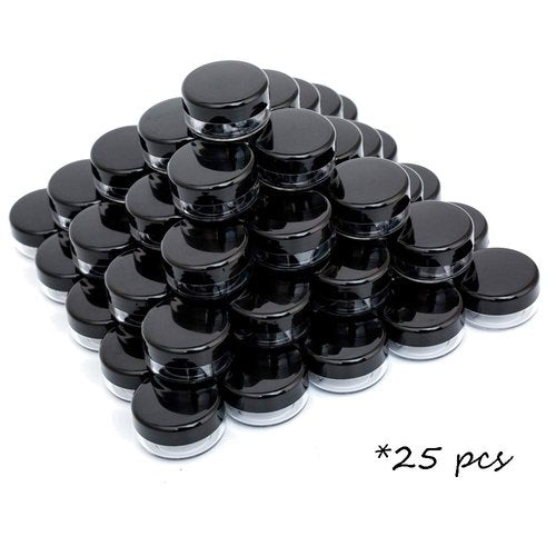 ZEJIA 3 Gram Sample Containers with Lids, 25 Count Tiny Sample Jars, 3ML Makeup Cosmetic Containers for Lip Balms, Lotion, Powder, Beauty Products(Black Lids)