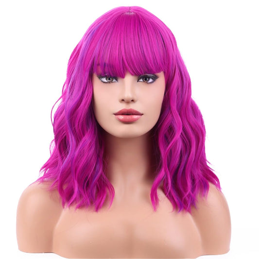 MAGQOO Rose Purple Wig for Women Short Curly Wavy Hot Pink Purple Wig with Bangs Synthetic Halloween Cosplay Party Wig