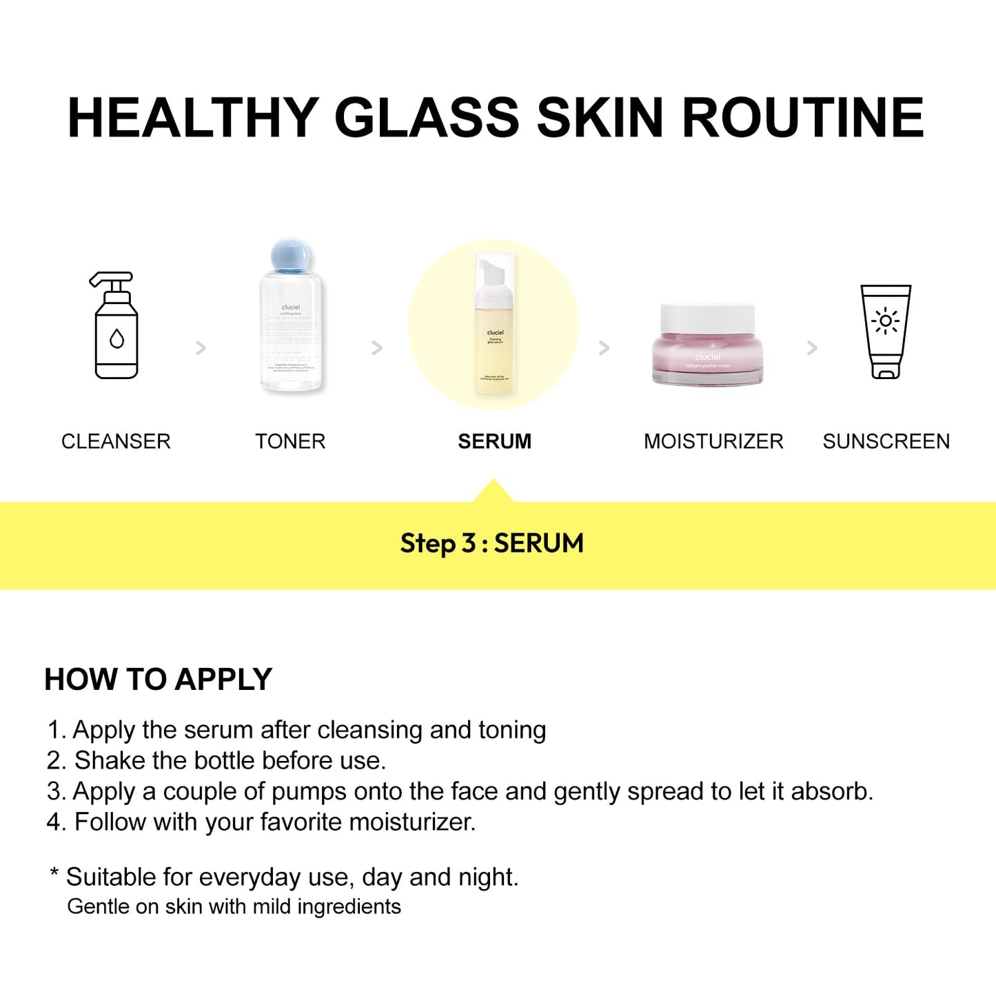 cluciel Foaming Glow Serum I Repairing Serum for Korean Glass Skin with Bakuchiol & Bifida, Smoothens Skin Texture, Balances Skin Tone, For Sensitive Skin, Fragrance-Free, Vegan (50ml / 1.69 fl.oz)