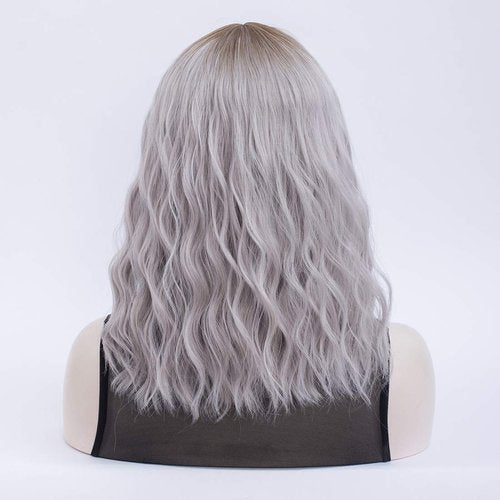 QACCF Short Wavy Shoulder Length Women Full Bang Heat Resistant Wig (Gray)