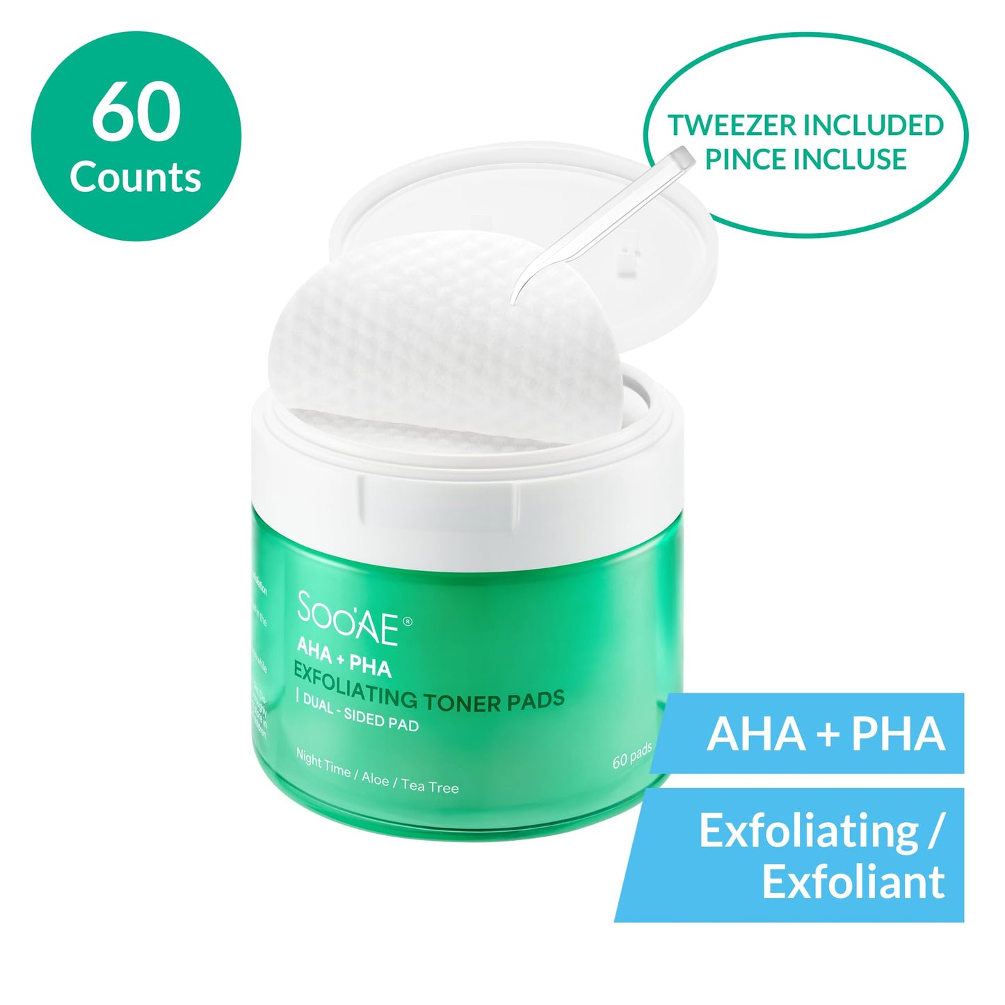 Soo'AE AHA + PHA Exfoliating Toner Pads, 60 Dual-Sided Pads I Smooth Skin Texture Care for Porcelain-Like Skin, Cruelty-Free, Korean Skincare