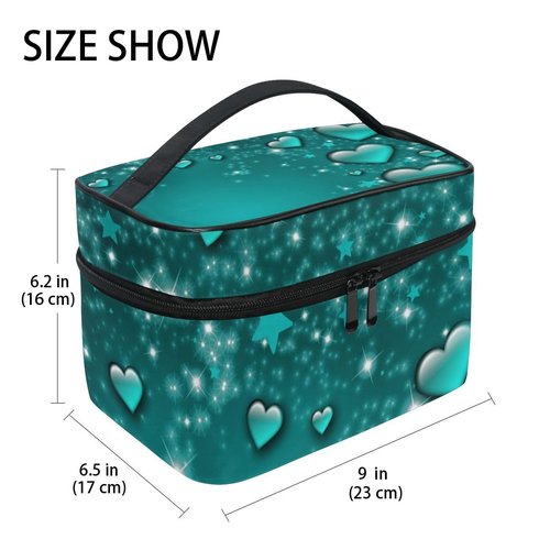 Valentine's Day Cosmetic Bag Valentines Day Turquoise Hearts Travel Makeup Organizer Bag Portable Train Case for Women Girls