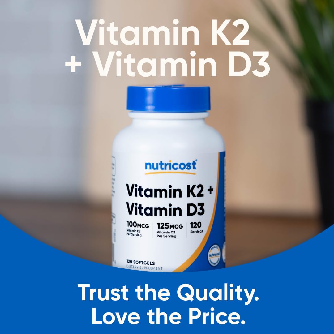 Nutricost Vitamin D3 + K2 (5000 IU D3 / 100mcg MK7) 120 Softgels, GMO-Free