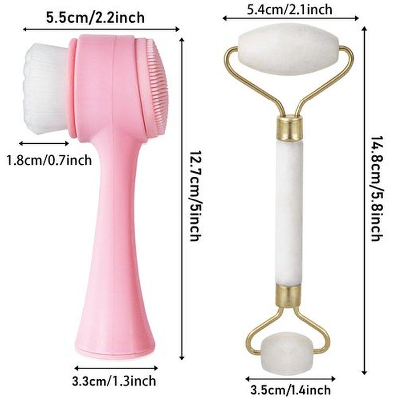 Beomeen Face Brush 2 in 1, Silicone Facial Cleansing Exfoliating Brush Soft Bristles Pore Deep Cleansing, Jade Face Roller Skin Care Tools, Manual Dual Face Wash Scrub Brush Massaging Gift,Pink+White