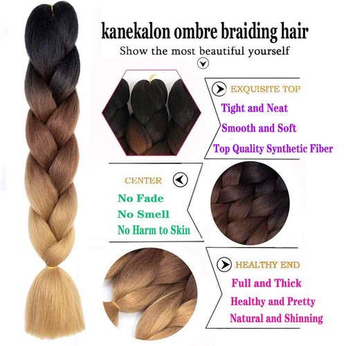 SHUOHAN 6 Packs Ombre Jumbo Braiding Hair Extensions 24 Inch High Temperature Synthetic Fiber Hair Extensions for Box Braids Braiding Hair (Black to Brown to Light Brown)