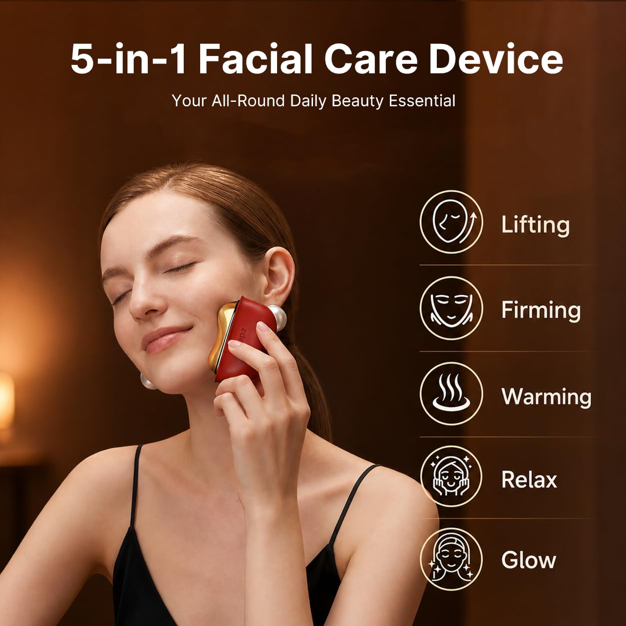 ZDEER GS5 Brass Heated Electric Gua Sha Facial Sculpting Tool with Vibration, Women's Facial Massager, LED Red Light Therapy for Neck & Face, Skin Firming Device, Premium Birthday Gift for Women, Red