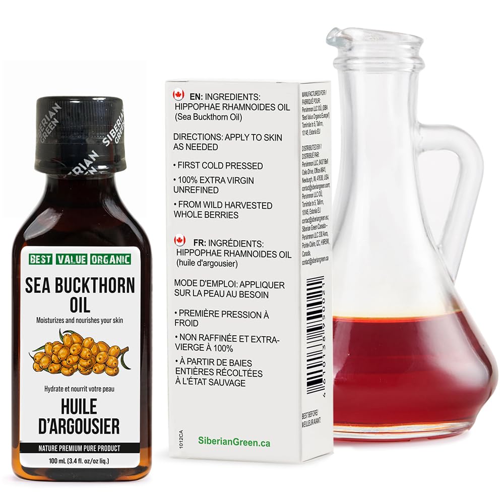 Siberian Sea Buckthorn Oil 100 Ml, Non-GMO, Unrefined, First Cold Pressed, Raw, Natural - 3.4 Fl Oz from wild harvested berries and seeds