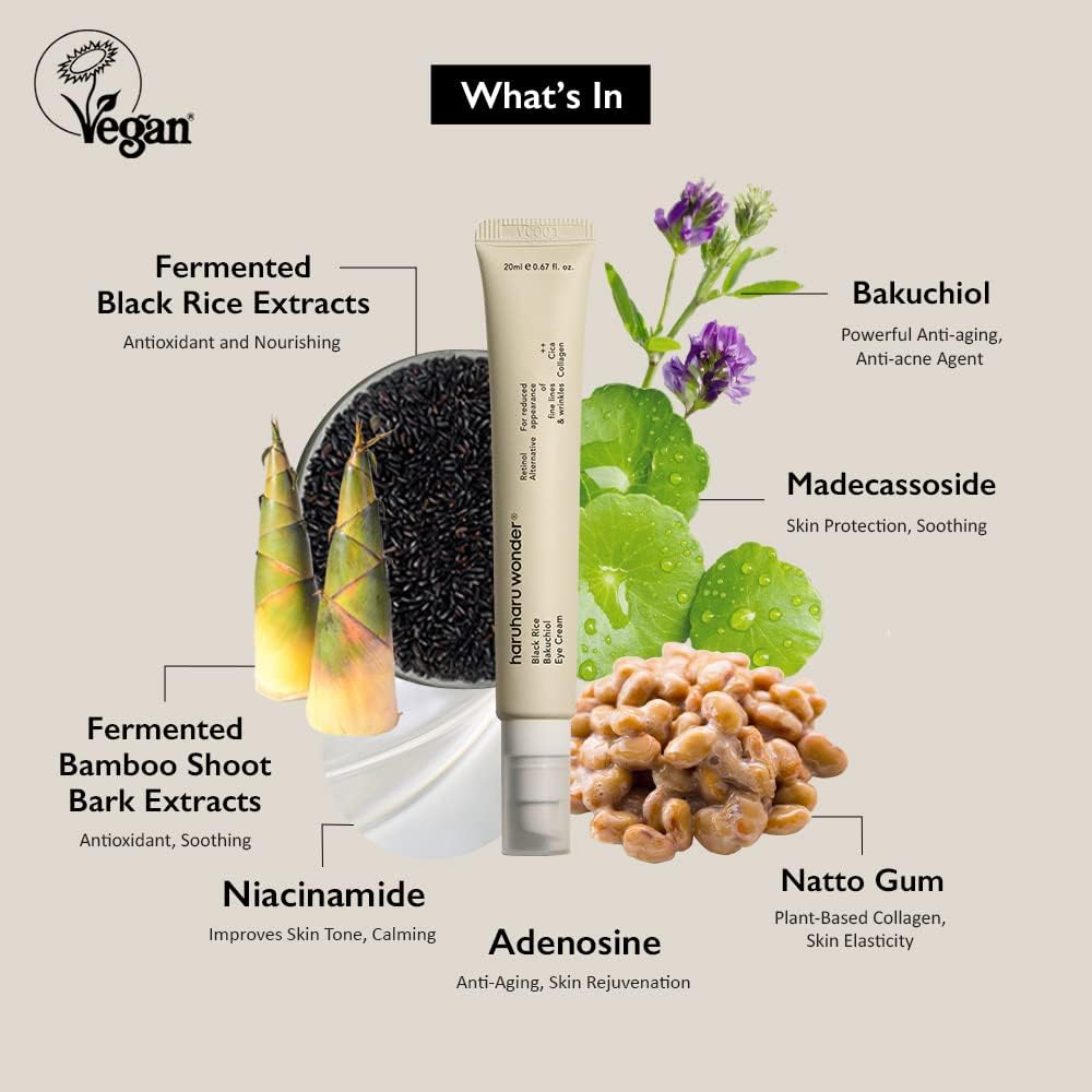 HARUHARU wonder Black Rice Bakuchiol Eye Cream, Smooths Fine Lines & Crow’s Feet, Reduces Puffiness & Dark Circles, Lightweight Day and Night Care, 1.34 fl. oz (Duo Set)