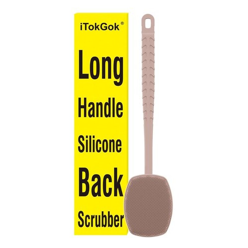 iTokGoK® All New Premium Silicone Back Scrubber with Tire Anti-Slip Long Handle for Shower, Gentle Exfoliating and Massage Brush Scrubber for Sensitive Skin for Men and Women (Sand Pink)