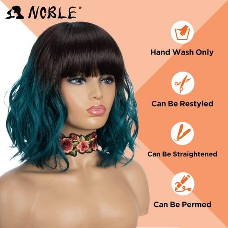 NOBLE Synthetic Curly Bob Wig With Bangs Short Bob Wigs Ombre Brown To Green Color Women's Shoulder Length Wigs Curly Wavy Wig Heat Resistant Colorful Daily Party Wig.