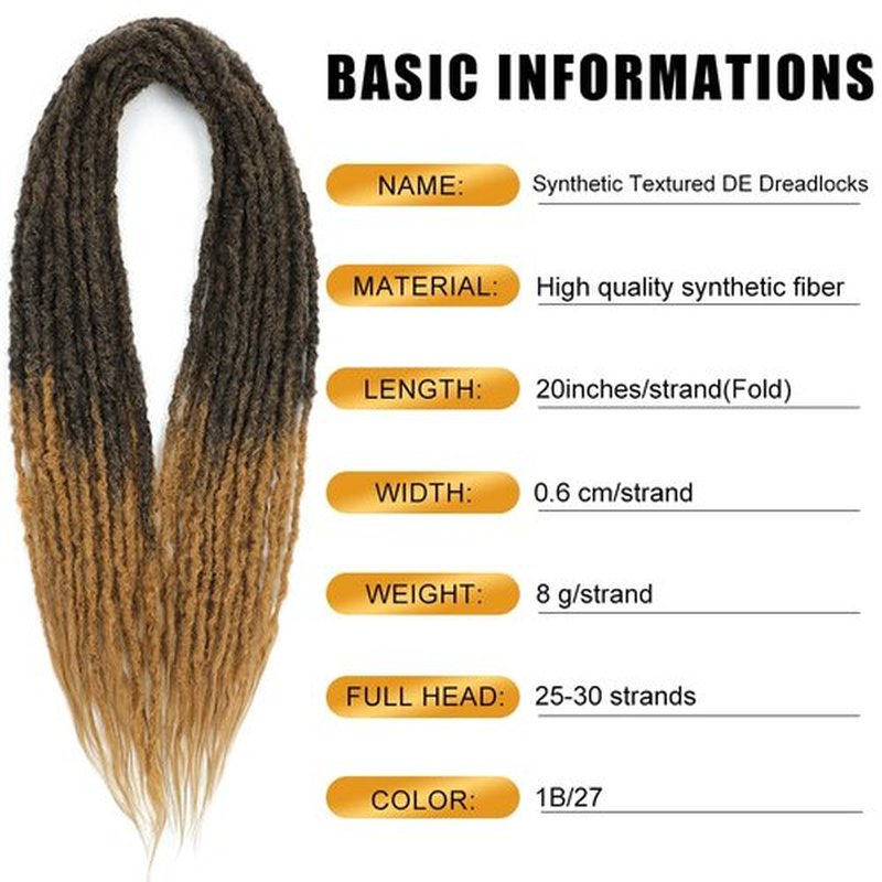 Aguacor Synthetic Textured Dreadlocks Straight Double Ended Dreadlock Extensions with Texture 20inches 5 Strands Thin Soft DE Dreadlock Extensions for Women (5 Strands, 1B/27)