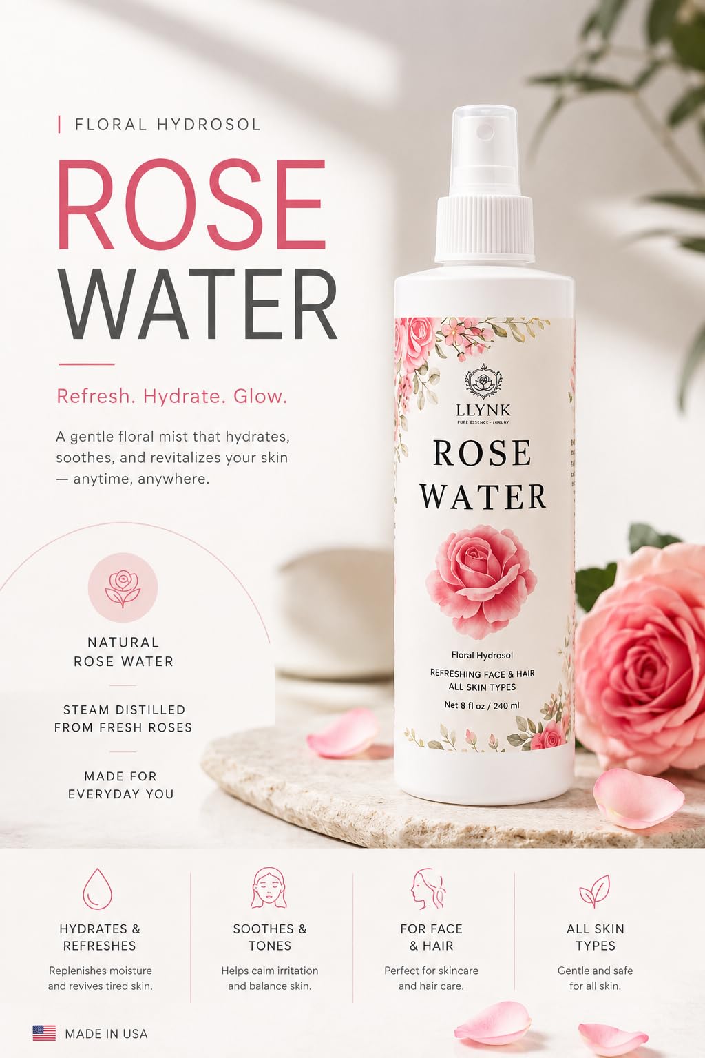 LLYNK Rose Water Facial & Hair Spray, 8 fl oz Hydrating Mist, Refreshing Toner for Skin & Scalp, Alcohol-Free, Hydrates and Soothes