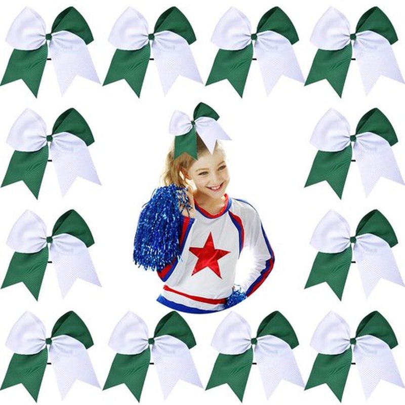 DEEKA 12PCS 8" Two Toned Large Cheer Hair Bows Ponytail Holder Handmade for Teen Girls Softball Cheerleader Sports-Forest Green/White