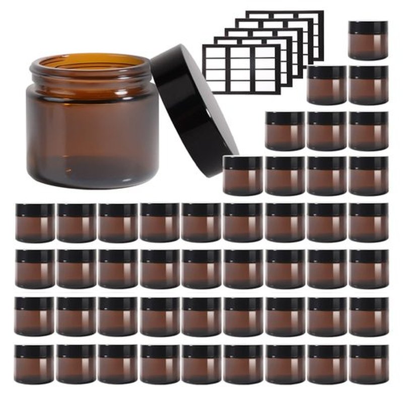 Stellacare 46 pack 2oz Glass Jars Round Empty Cosmetic Containers, Refillable Glass Jars with Lids for Face Creams, Lotions, Powders,Salves Ointments,Potravel Storage
