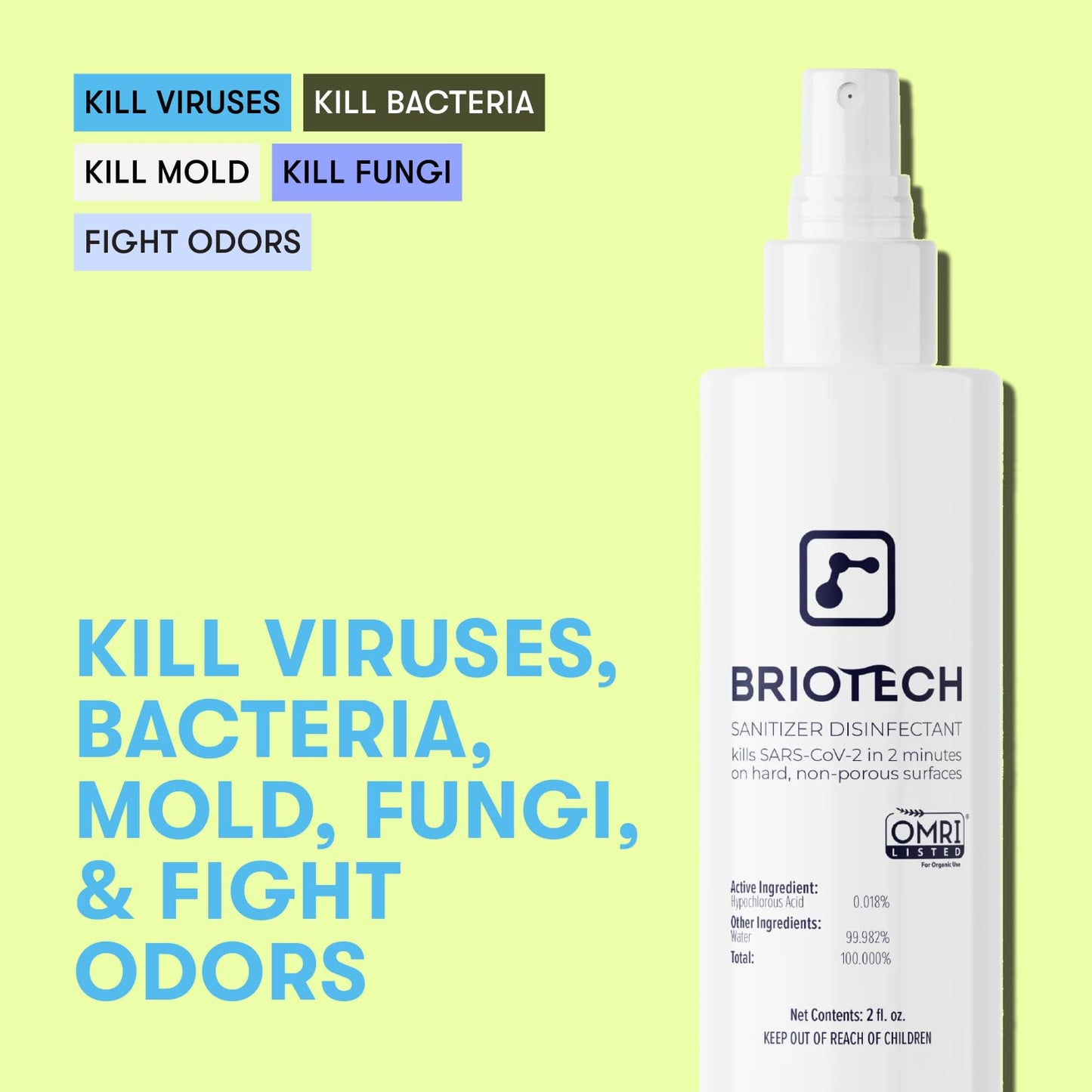 BRIOTECH Sanitizer Disinfectant Hypochlorous Spray, Kill 99.99% of Viruses & Bacteria, Control Mold, Eliminate Odor, Gentle for Nursery & Play Rooms, Food Contact Surface Sanitizer, 8.5 fl oz (2 Pack)