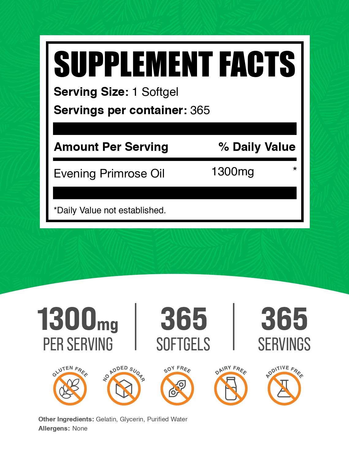 BulkSupplements.com Evening Primrose Oil Softgels - GLA Supplements, Evening Primrose Oil 1300mg - Gluten Free, 1 Softgel per Serving, 365 Count (Pack of 1)