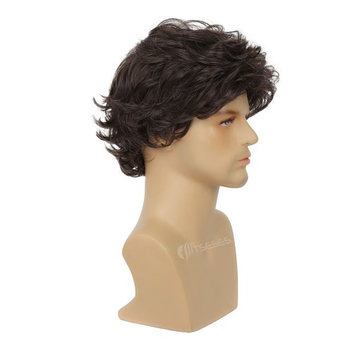Tseses Brown Curly Wigs for Men Short Layered Cosplay Halloween Synthetic Hair Mens Costume Wig(Light Brown)