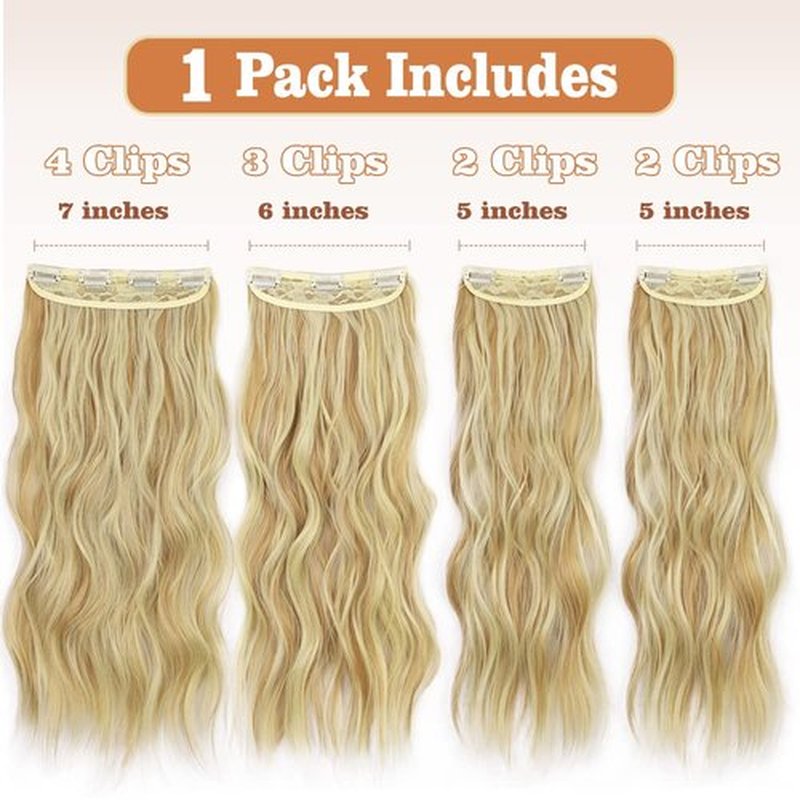 QGZ Clip in Long Wavy Hair Extensions Synthetic 4 PCS Thick Hairpieces for Women 20 Inch Long Fiber Hair Extension for Daily Party Use (Light Blonde Highlighted Orangey Blonde)
