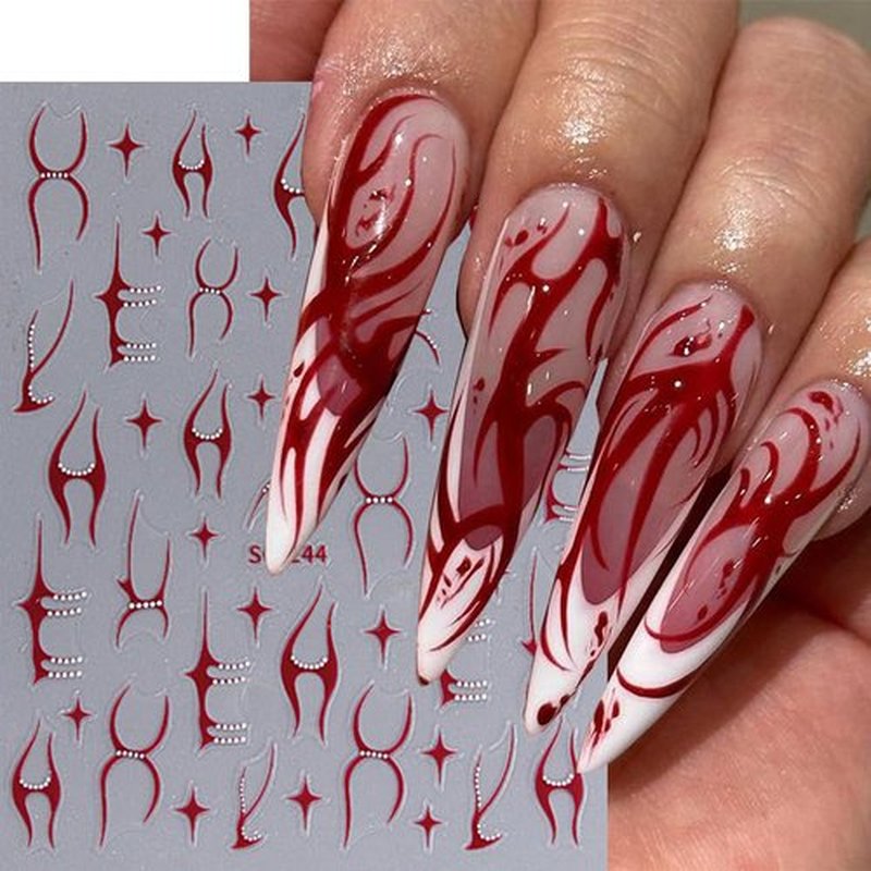 Metallic Line Nail Stickers Flame Nail Decals 3D Self-Adhesive Sticker for Nails 4PCS Silver Red Black Gold Line Designs Y2K Nail Art Stickers for Women Acrylic French Nail Supplies Decorations DIY