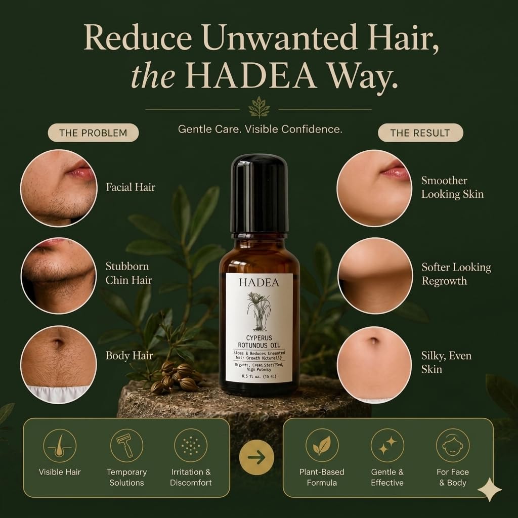 Cyperus Rotundus Oil to Reduce and Slow Down Unwanted Hair Growth, For PCOS, Hirsitusim, Any Unwanted Hair | Cypress Rotundus | Organic Cyprus Oil Travel Size Roll On (15 ml)