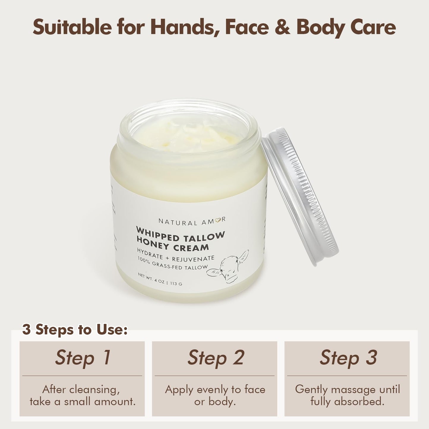 Natural Amor Whipped Grass Fed Tallow Honey Cream – 4oz Natural Moisturizer with Shea Butter, Manuka Honey & Jojoba – Lightweight Body Cream for Dry, Sensitive Skin – Nourishing & Non-Greasy