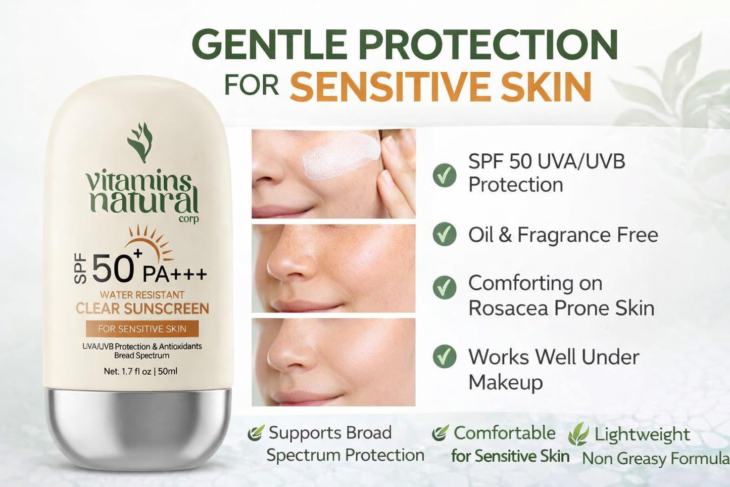 VITAMINS NATURAL CORP Sunscreen SPF 50 Face Cream Broad Spectrum UVA UVB Protection Lightweight Non Greasy Oil and Fragrance Free Water Resistant Facial Sunscreen 1.7 Oz