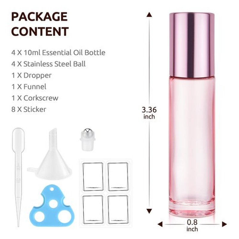 4 Pack, Essential Oil Roller Bottles, Pink Glass Roller Balls for Essential Oils, 10ml Empty Rollerball Bottles for Travel Refillable Roll on Perfume Bottles with Pink Caps