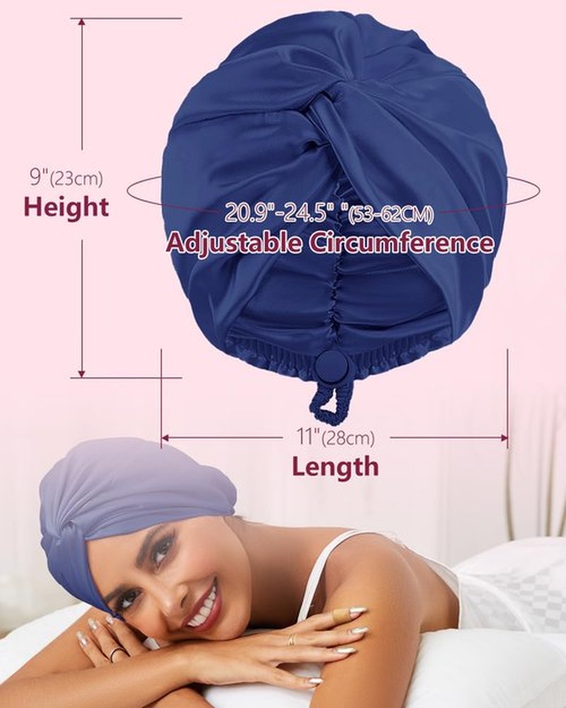 HFRHTGY Adjustable Silk Satin Hair Bonnet for Sleeping, Double Layer Hair Wrap Sleep Cap Turban for Women Men, Curly Straight Hair Long Large Braid Unisex (Navy Blue 32)
