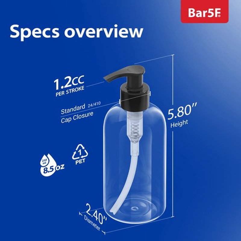 Bar5F 6-Pack Plastic Bottles with Pump Dispenser, 8.5 oz | Leak Proof, Empty, Clear Refillable, BPA Free for Body Wash, Moisturizer, Face Cream, Liquid Soap | Black & White Pumping Caps | Set of Bulk