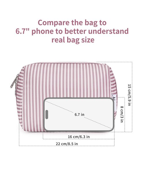 Narwey Striped Makeup Bag Travel Cosmetic Bag Organizer Toiletry Bag Make Up Bags with Compartments for Women (Large, Dusty Rose Stripe)