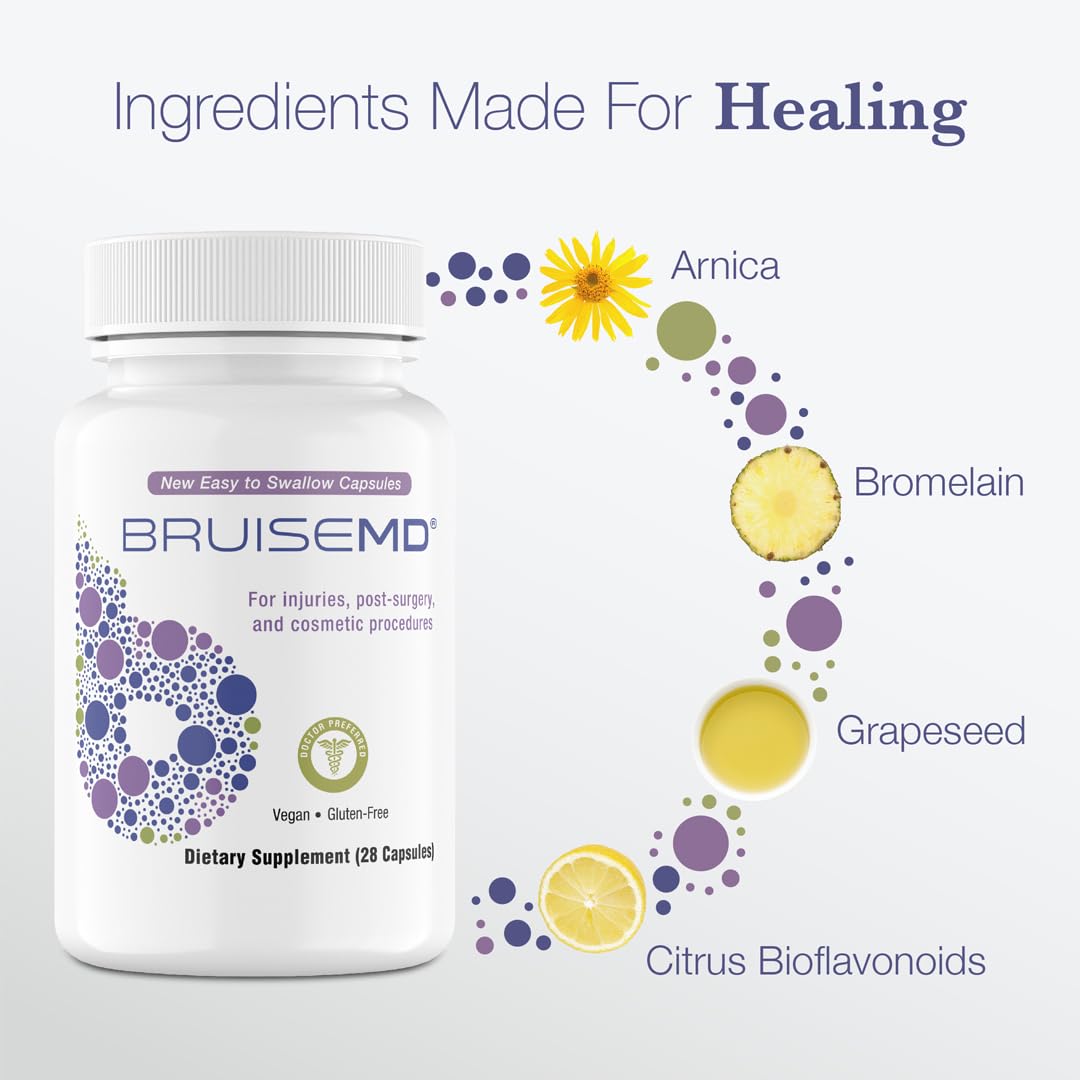 BruiseMD Bromelain 500mg 2,400GDU/g Supplement with Zinc and Vitamin C for Swelling, Inflammation, and Discoloration, Easy to Swallow Capsules (7-Day Supply) - Advanced Formula