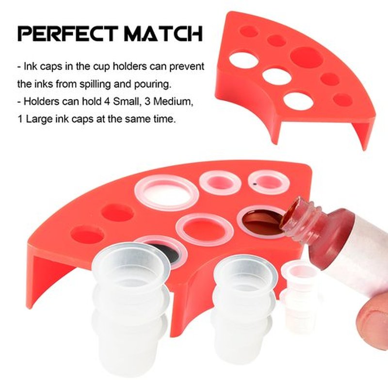 WZPB Tattoo Ink Caps with Cup Holder - 300 Mixed Size Tattoo Ink Cups 100 Small 100 Medium 100 Large with 3 Red Tattoo Ink Cap Holders Permanent Makeup Container for Tattoo Ink Tattoo Supplies…