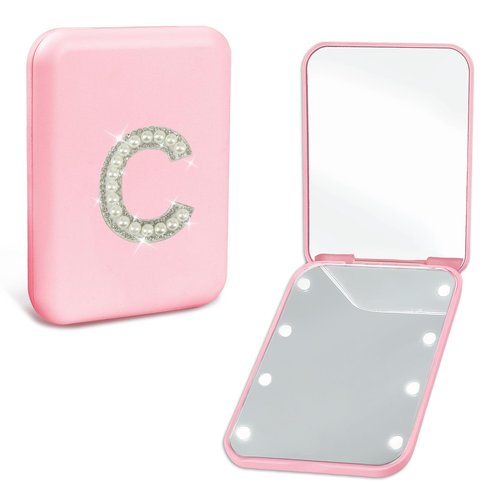 Aganmi Trendy Mothers Day Birthday Gifts for Mom Travel Pocket Mirror with Lights Pink 1X/2X Magnification LED Compact Mirror, Small Folding Handheld Makeup Mirror Mom Nurses Gifts for Women (C)