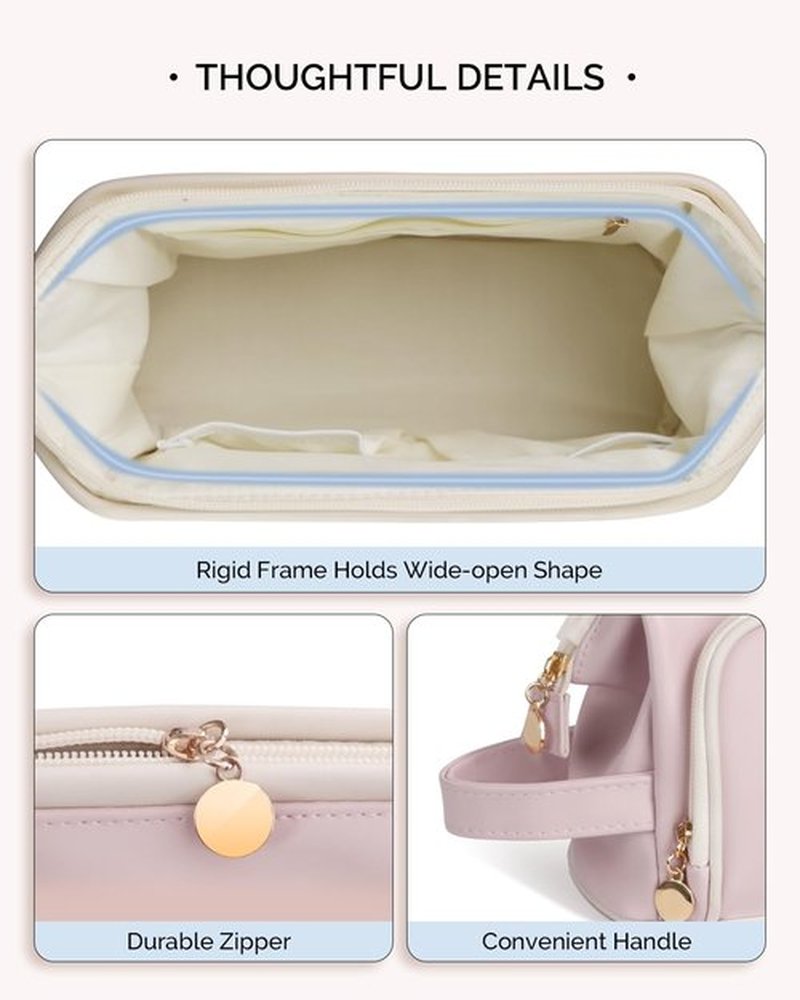Prite Travel Makeup Bag, PU Leather Waterproof Cosmetic Organizer, Large Wide-open portable Toiletry Bag with Handle(Pink)