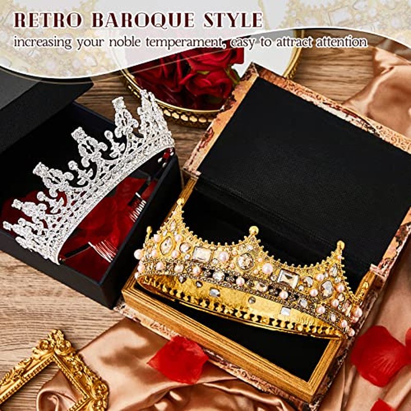 Juexica 2 Pcs Crowns King and Queen Wedding Crown and Tiaras for Women Men Princess Vintage Headband Birthday Crown Bridal(Gold, Silver)