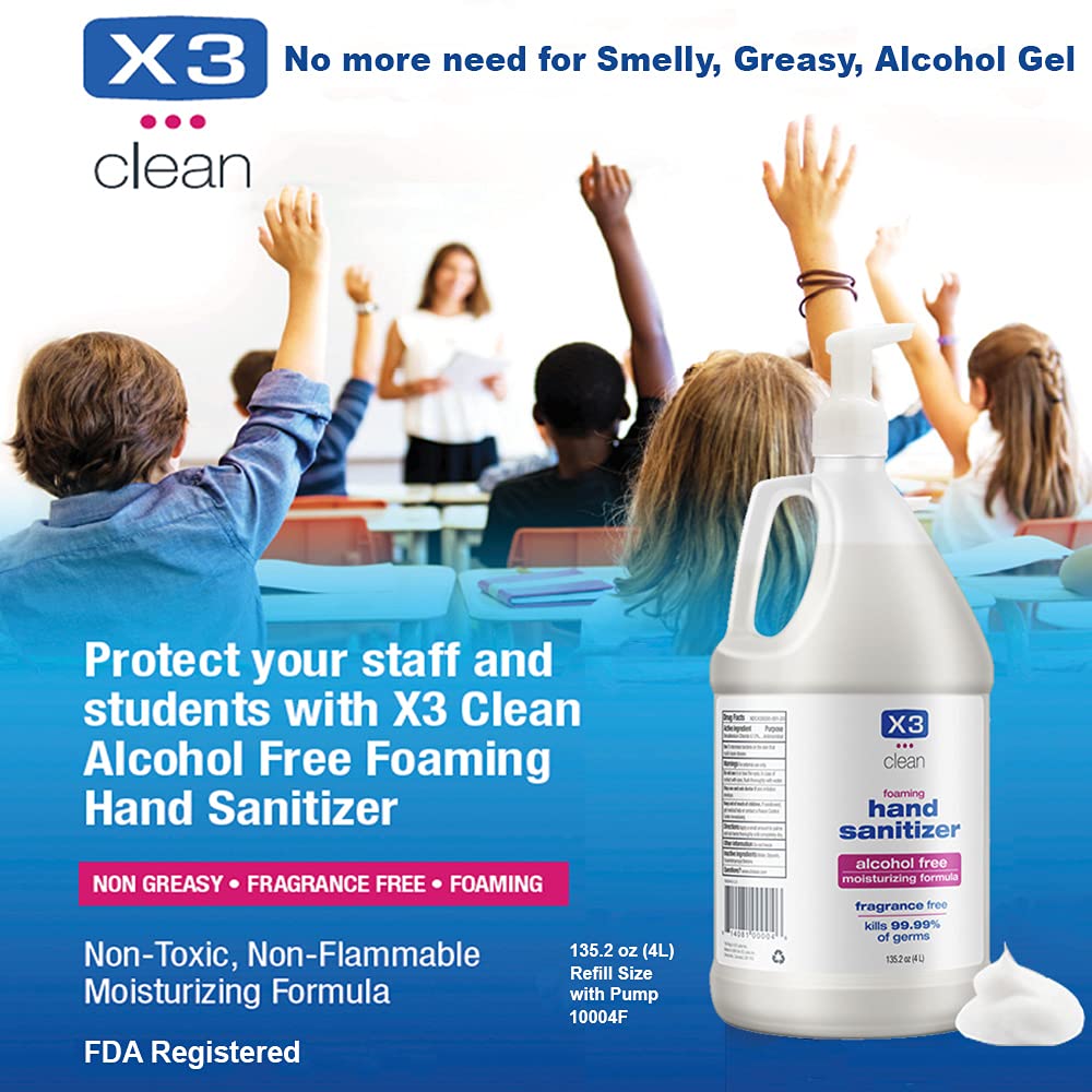 X3 Clean Hand Sanitizer Foaming Pump – Alcohol Free & Fragrance Free Moisturizing Formula – Kills 99.9% Germs – Made in USA - 135.2 oz (4L) Economy Refill Size (2 Pack)