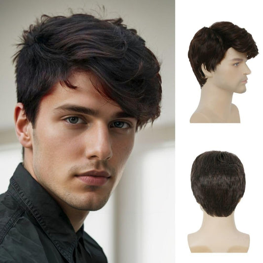 Amnenl Mens Brown Short Wig Layered Natural Wigs Side Part Male Hair Wig with Bangs for Daily Use
