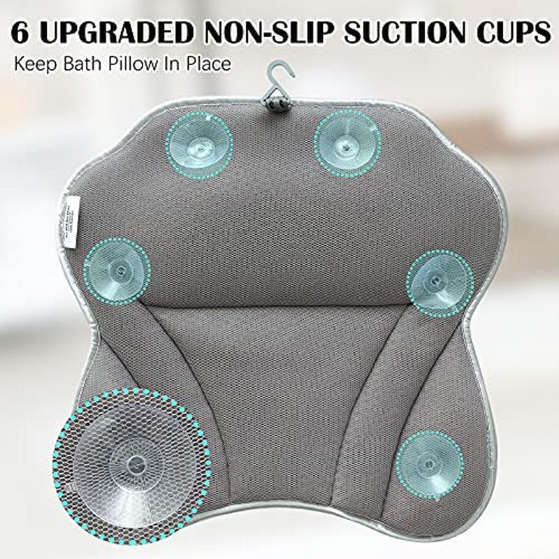 Bath Pillow Spa Bathtub Pillow with Non-Slip Suction Cups, Head, Neck, Back & Shoulder Rest Support, Soft & Luxury Bathtub Cushion, Bath Pillow Fit Hot Tub, Bathtub (Grey 4D Luxury Bath Pillow)