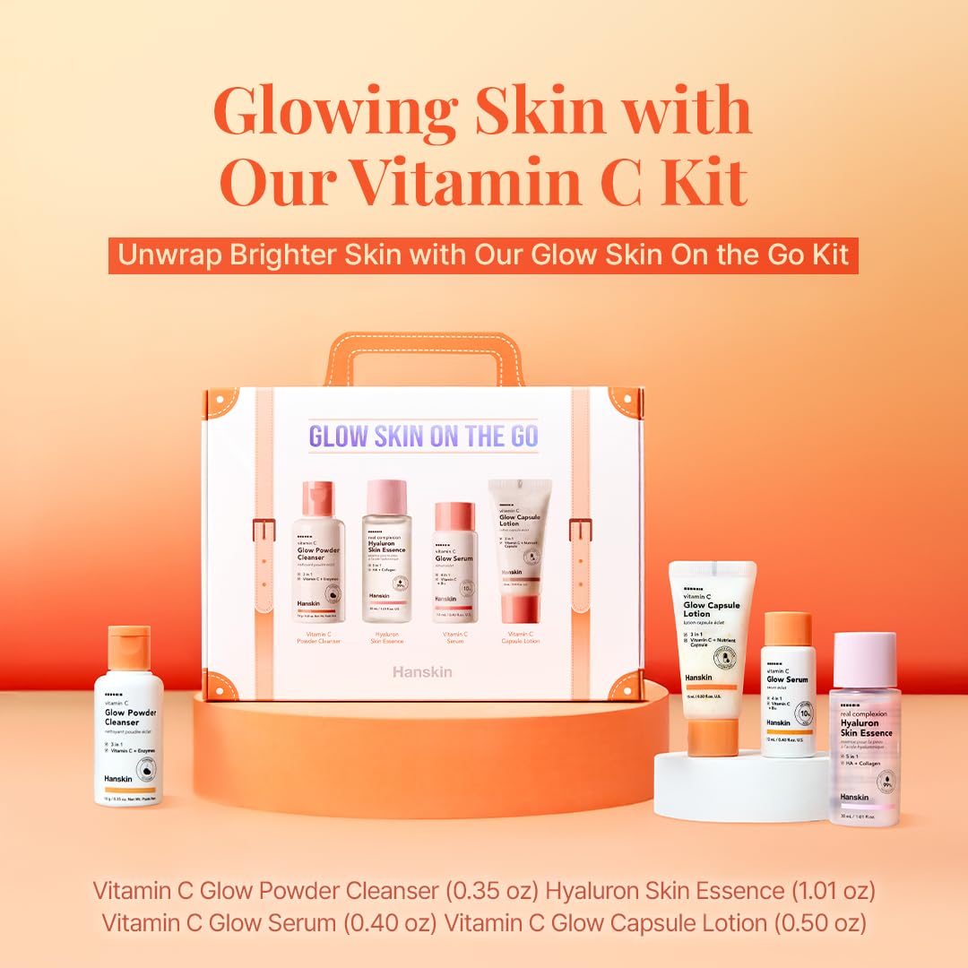 Hanskin Glow Skin On the Go Kit–Brightening & Hydrating Mini Skincare Set with Cleanser, Essence, Serum & Lotion | TSA-Friendly Travel Kit, Holiday Gift, Stocking Stuffer, Teen Girl & Women’s Skincare