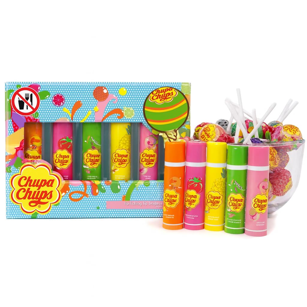 Chupa Chups Lip Balm Collection, 5 Assorted Fruit Flavors, Lip Licking Lip Balms Gift Set