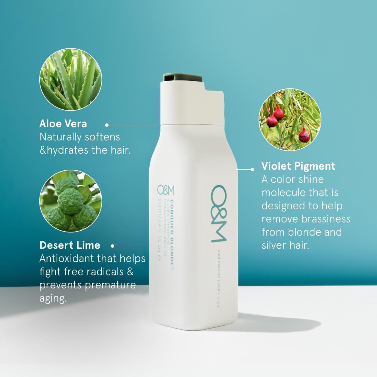 O&M Conquer Blonde Shampoo, Silver Purple Shampoo for Blondes, Grey, Silver Hair, Organic Desert Lime, Vegan, Sulfate Free, Australian Made, Non Toxic Purple Shampoo for Grey Hair, 250ml