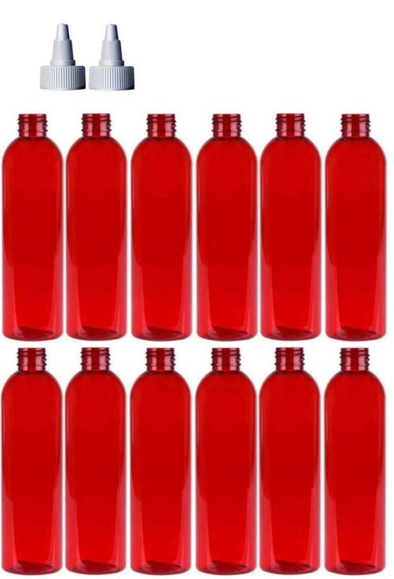 8 Ounce Cosmo Round Bottles, PET Plastic Empty Refillable BPA-Free, with White Twist Top Caps (Pack of 12) (Red)