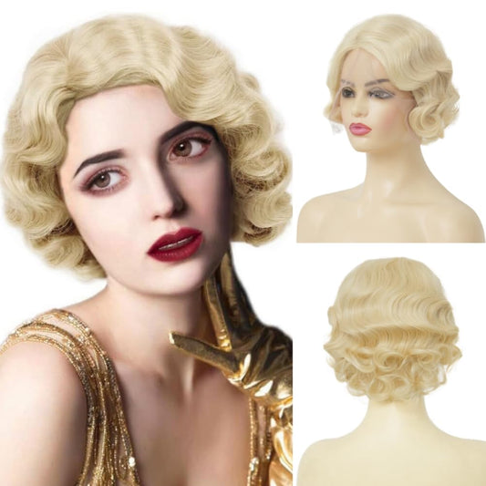 Salaibs Finger Wave Lace Front Wigs for Women Blonde Short Curly 1920s Wig Synthetic Heat Resistant Halloween Cosplay Costume Hair Wig