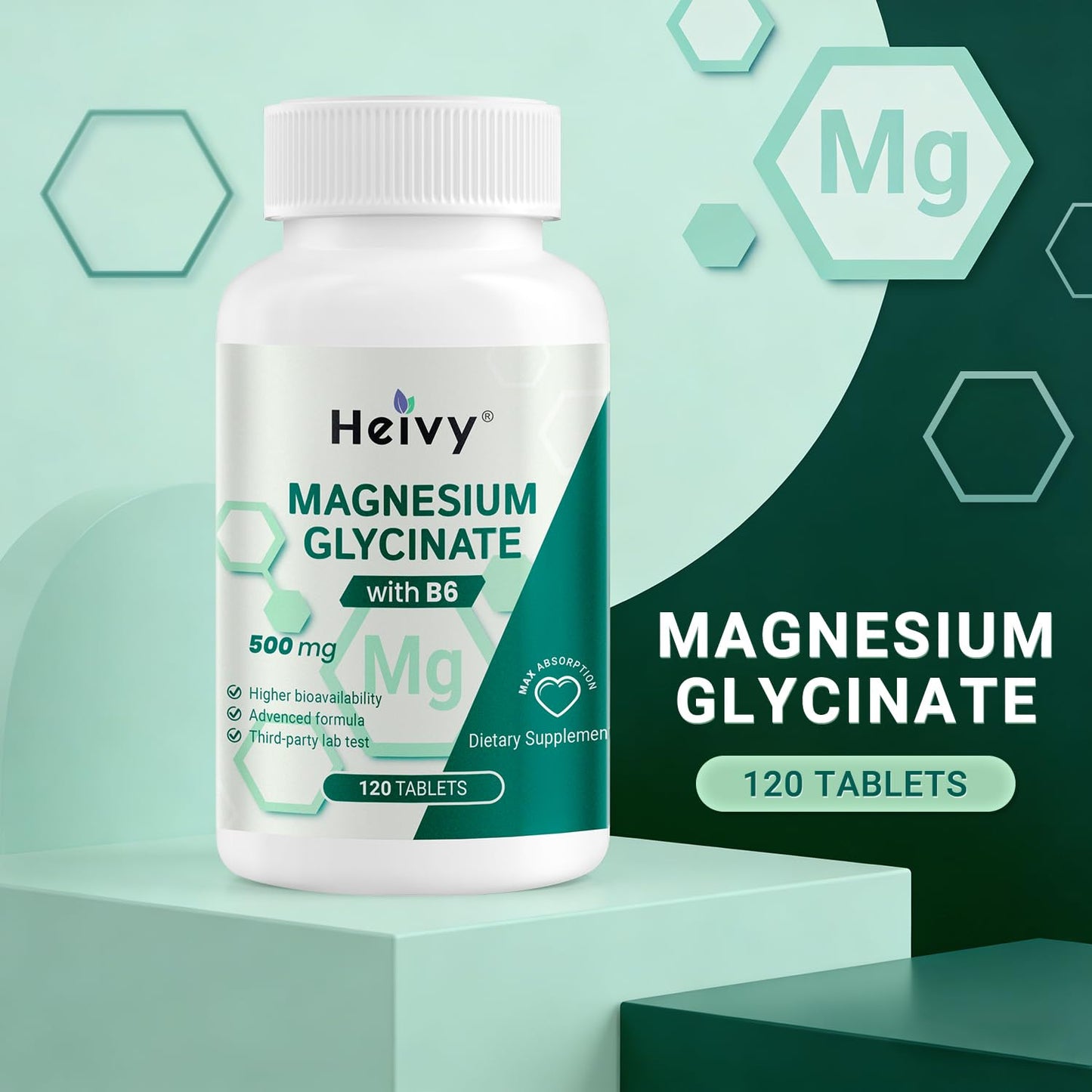 Heivy Magnesium Glycinate 500mg with Vitamin B6, 100% Chelated & Purified Supports Nerve Relief, Sleep Aid & Muscle Support, Vegan & Non-GMO, Made in USA, 3rd Party Tested, 120 Tablets
