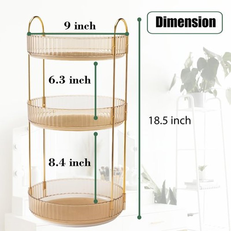 Zufudo Rotating Makeup Organizer 3 Tier Lazy Susan Trays Skincare Perfume Organizer for Bathroom Counter Vanity, Amber Gold