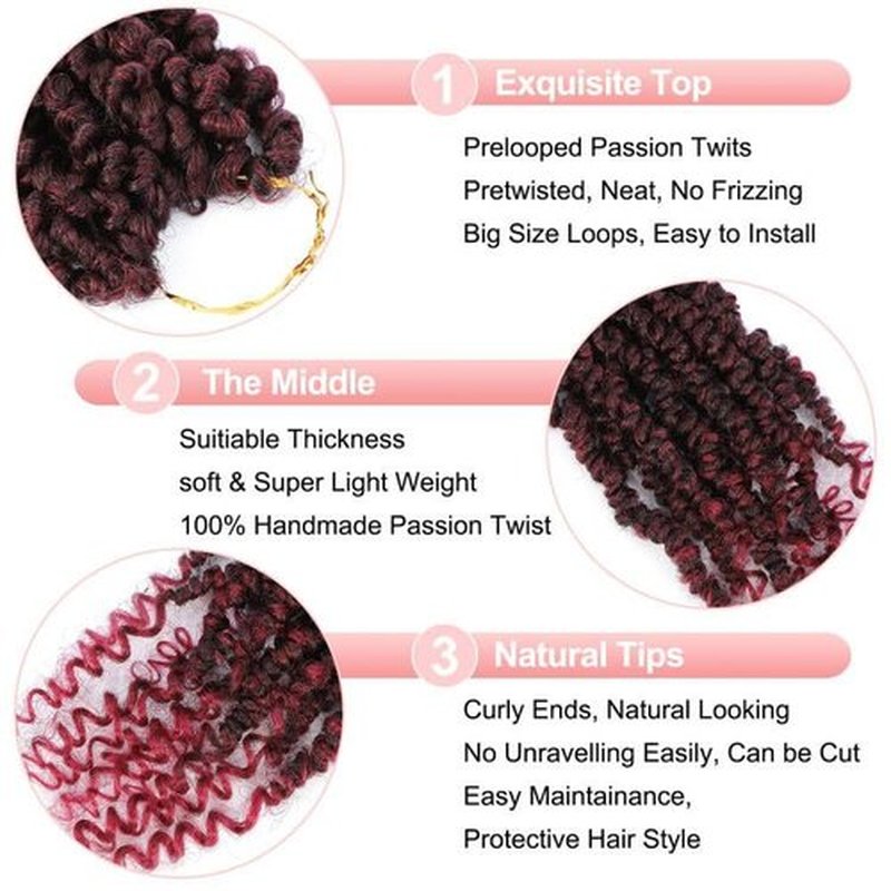 BEFUNNY 8 Inch 9 Packs Passion Twist Crochet Hair,Burgundy passion twist hair Pretwisted,Soft Pre Twisted and Looped Crochet Hair For Women Short Curly Crochet Braids(8",T1B/Burgundy#)
