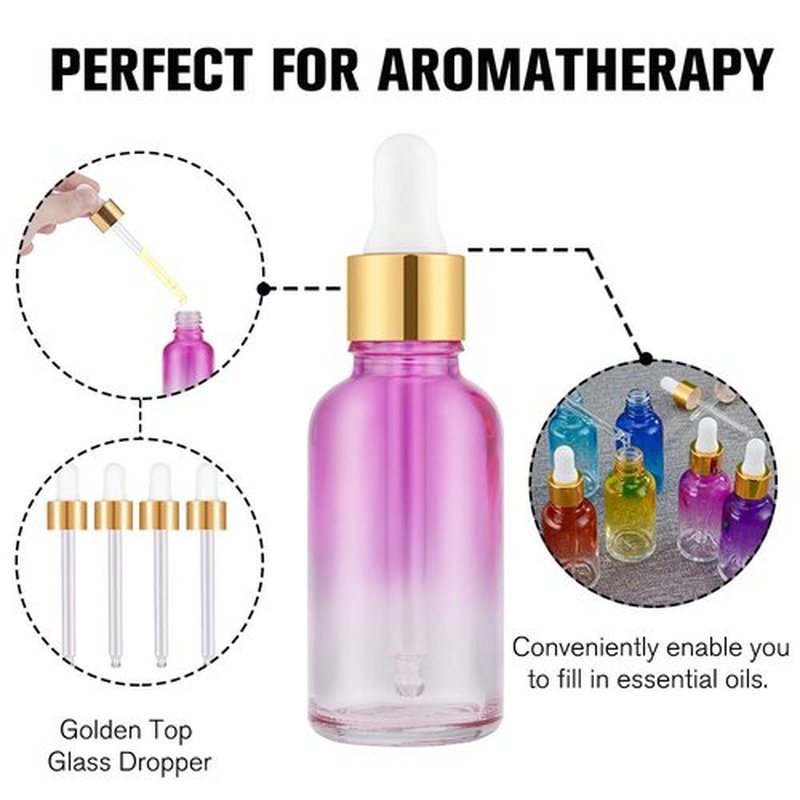 PrettyCare Eye Dropper Bottles 1oz (Rainbow Colored Glass Bottle 24 Pack 30ml with Golden Caps, 48 Labels, Funnel & Measured Pipettes) Empty Tincture Bottles for Essential Oils, Perfume