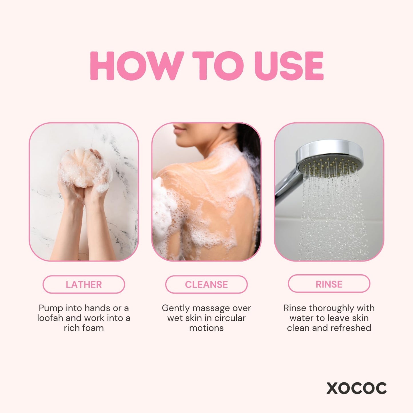 XOCOC Strawberry Milk Body Wash, 33.8 fl oz, Moisturizing Body Cleanser with Milk Protein & Strawberry Scent, Creamy Lather for Soft Smooth Skin, All Skin Types, Paraben Free, 1 Liter