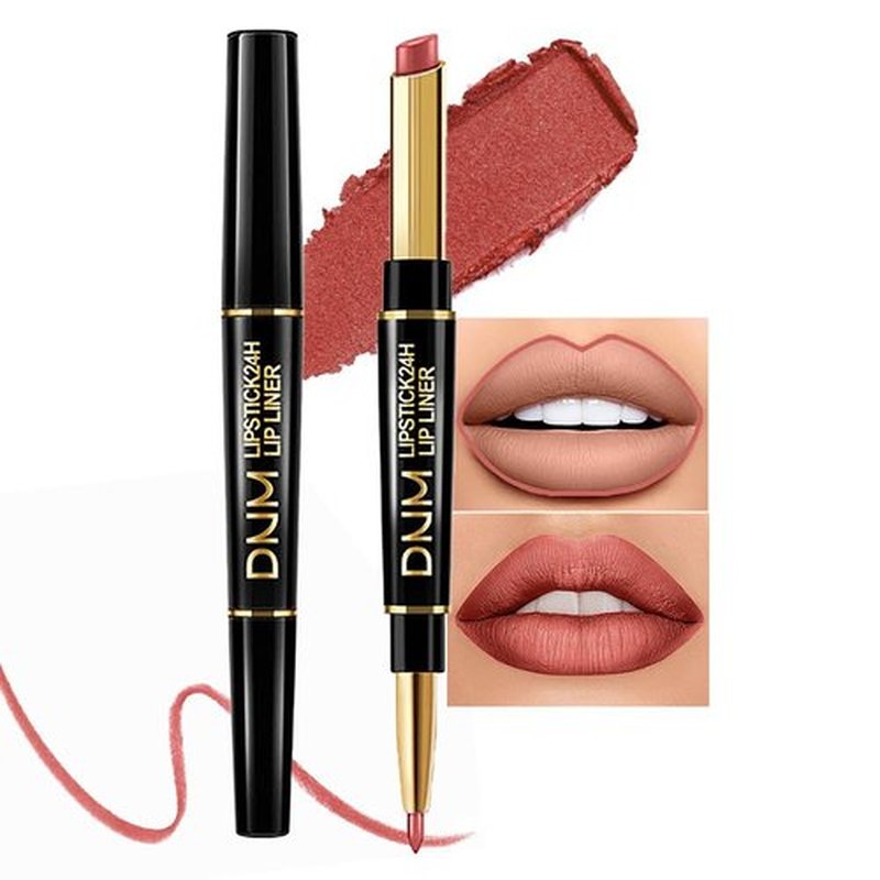 2 in 1 Rose Gold Matte Lip Liner & Lipstick Combination, DNM Metallic Dual Ended Lipstick, Lip Liner, Lip Gloss, 24 Hour all Day Long-Lasting Waterproof Lipliners Pencil for Women Lip Makeup Gift 07#